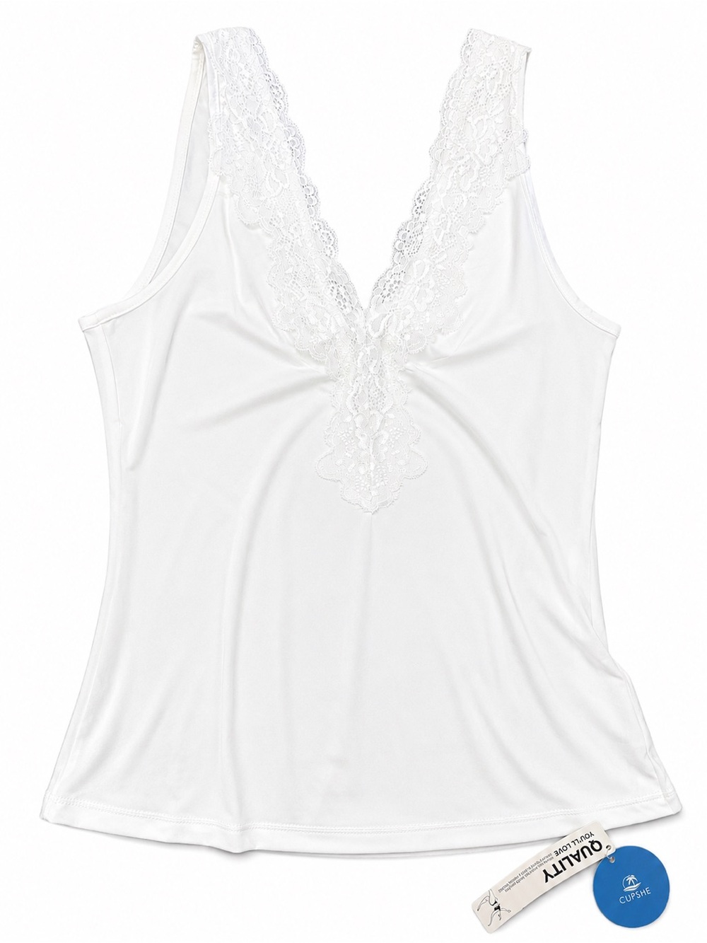 CUPSHE White Lace Trim Sleeveless V-Neck Tank Top Casual Cami